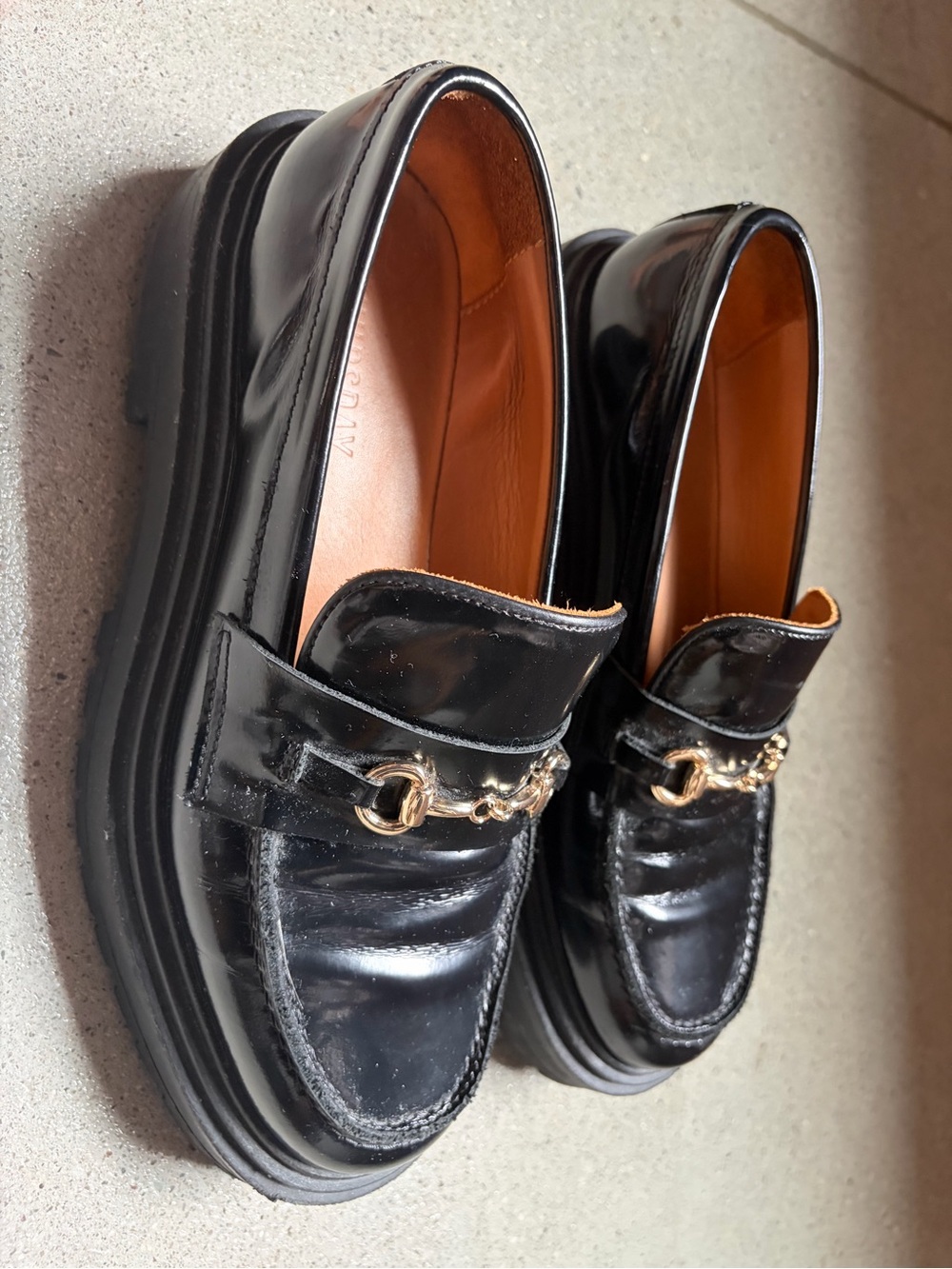 Thursday Boot Company Black Patent Loafers with Gold Chain